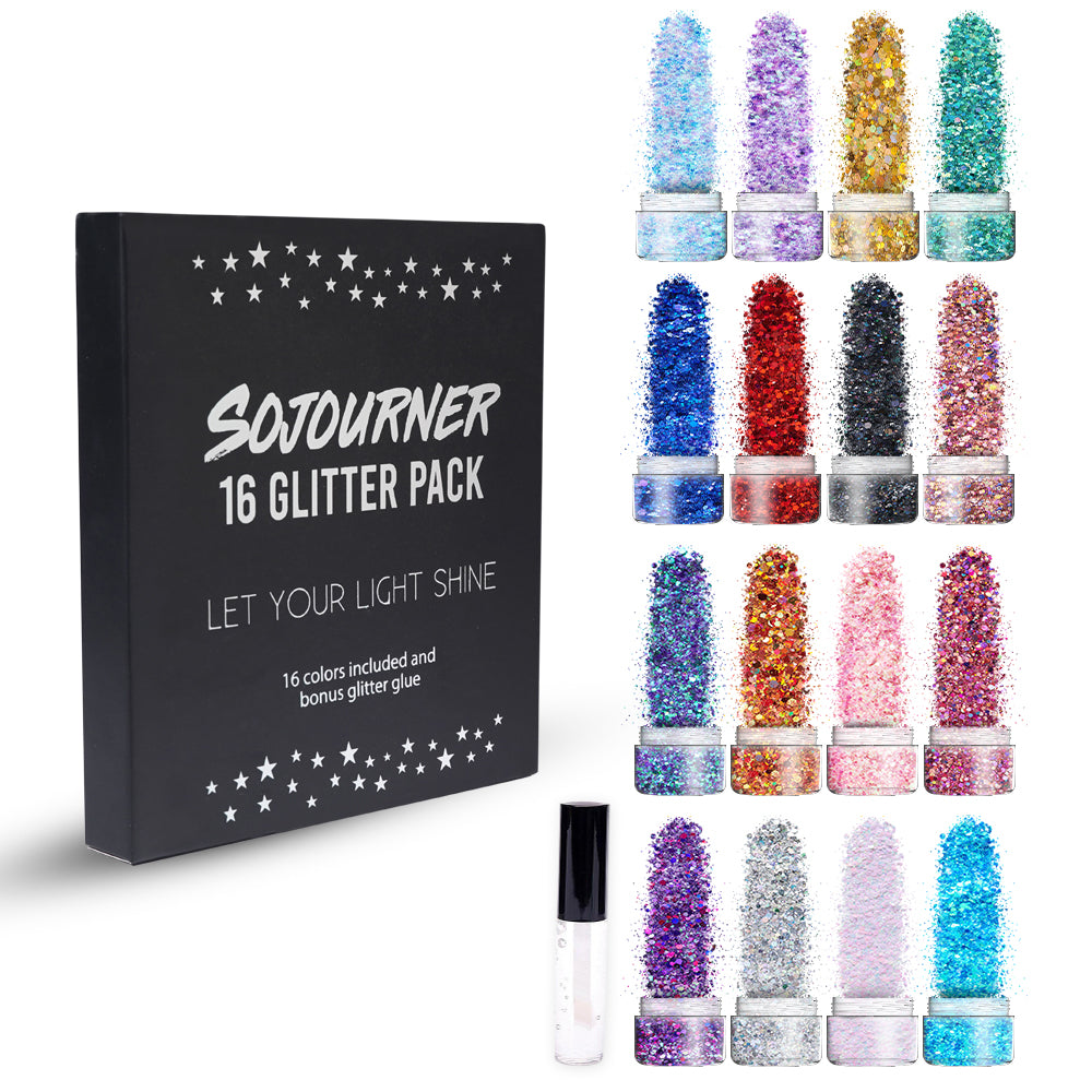 16 pack + 1 glitter glue Chunky Cosmetic Holographic Glitter | Body, Face & Hair Safe