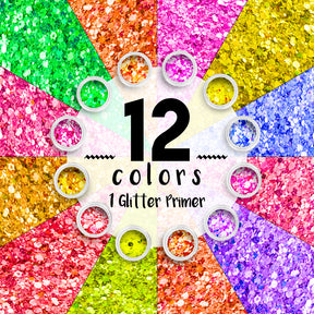 12 pack  Neon Glitter + 1 glitter glue Chunky Cosmetic Holographic Glitter | Body, Face & Hair Safe