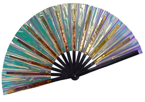 Holographic Rave Fan - Pride Fan and Festival Fan - Large Folding Fan for Festivals (Coffee Black)