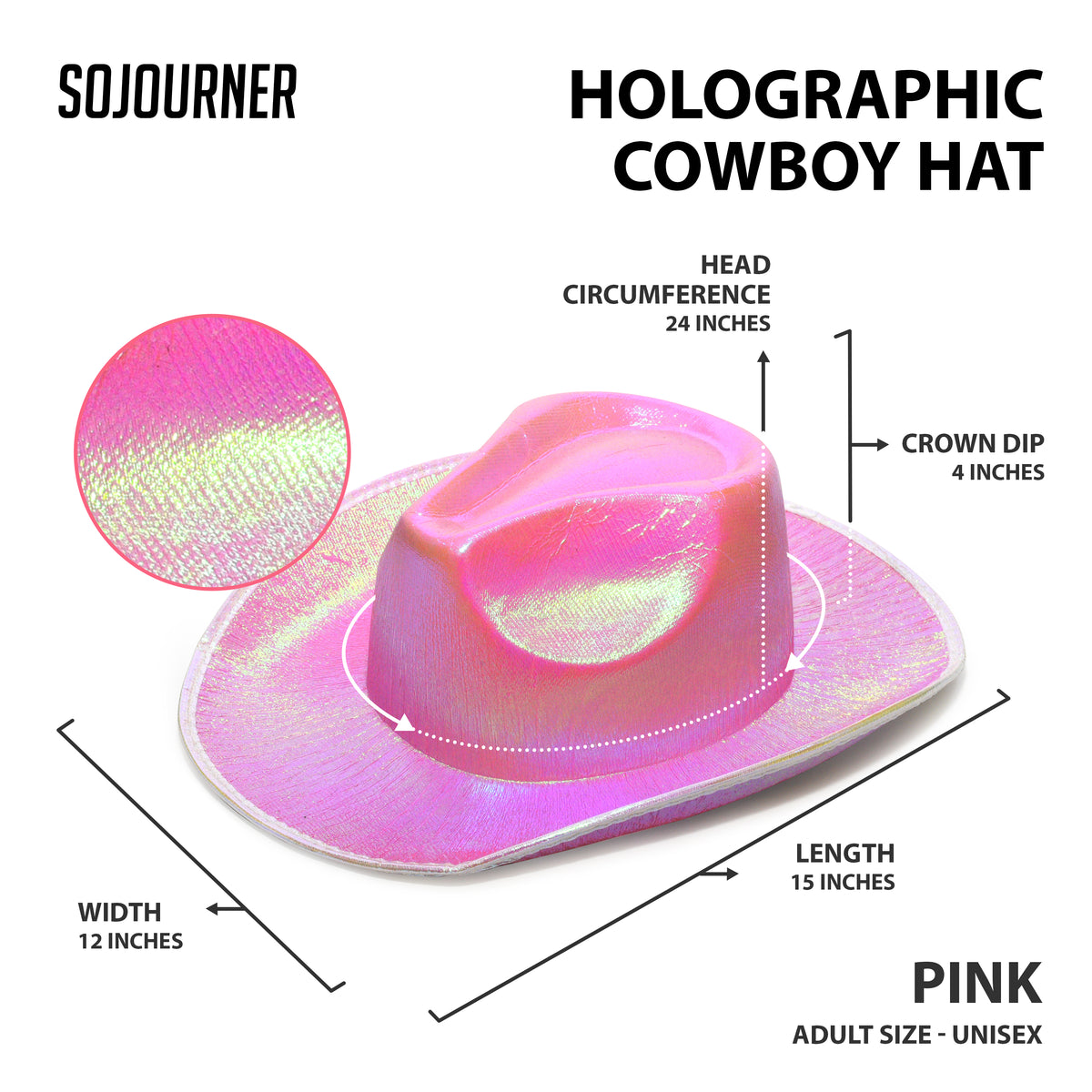 Neon Sparkly Glitter Space Cowboy Hat - Holographic Pink Halloween Party Disco Cowgirl Hat for Birthday & Bachelorette