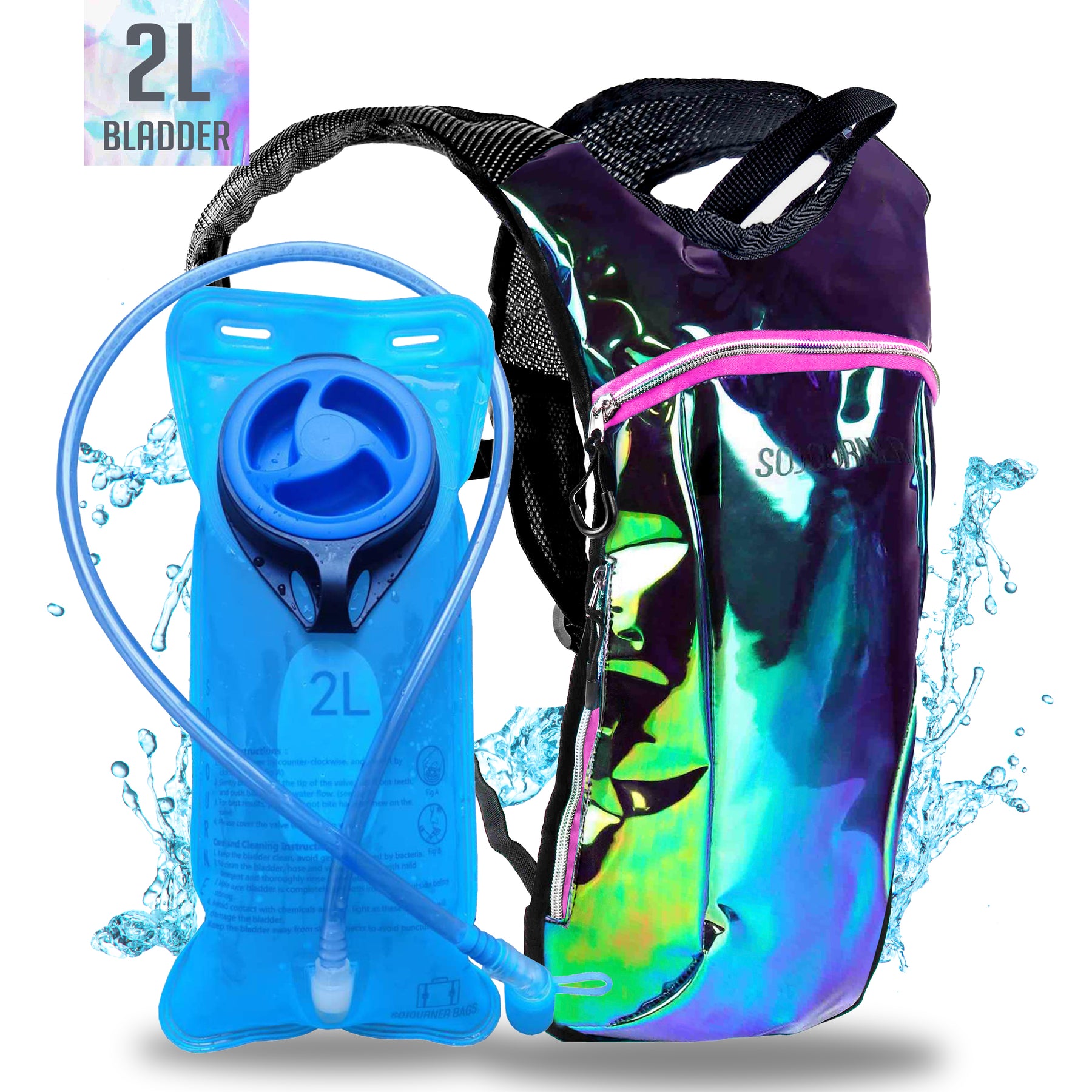 Hydration Pack Backpack - 2L Water Bladder - Laser Green Purple