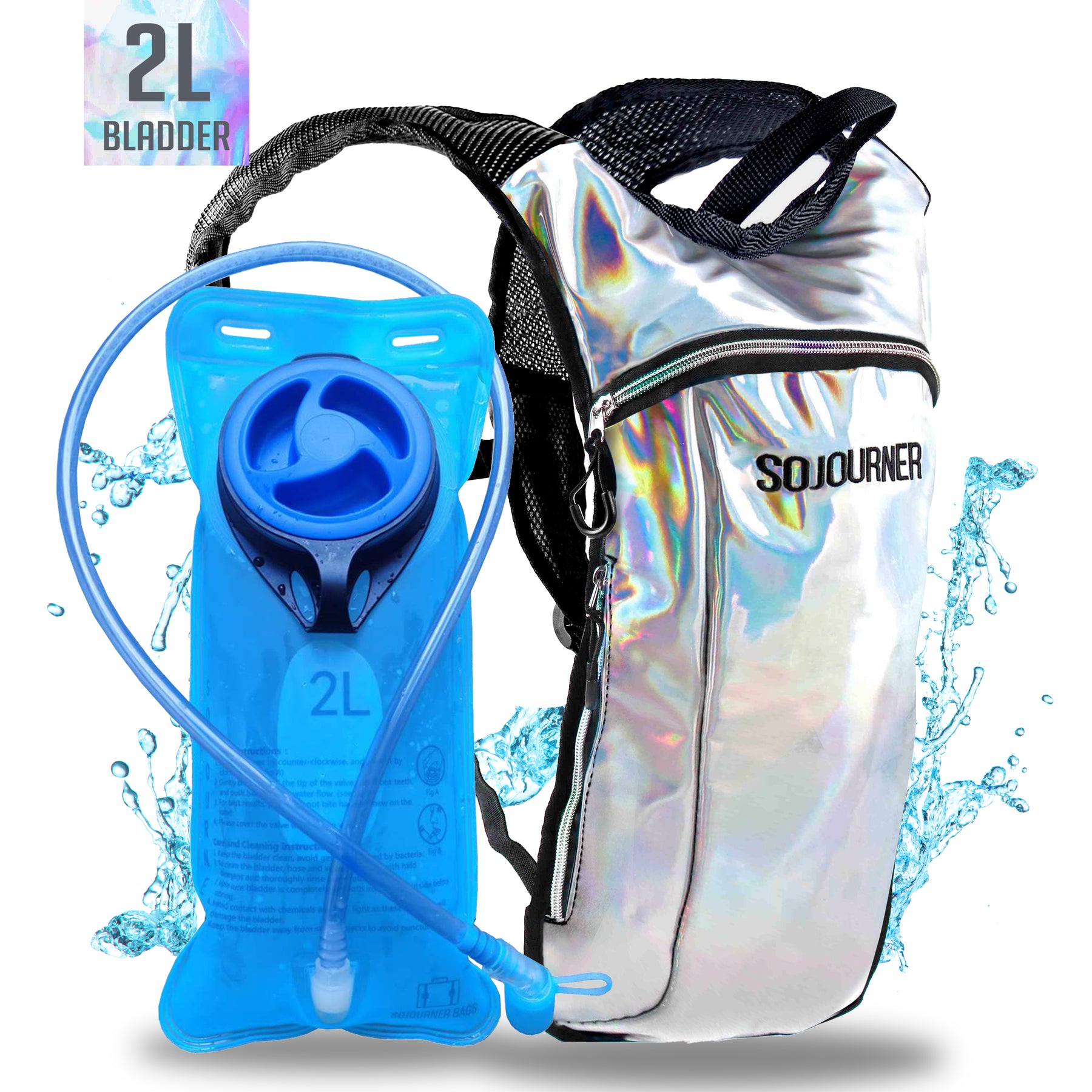 Hydration Pack Backpack - 2L Water Bladder - Holographic Silver