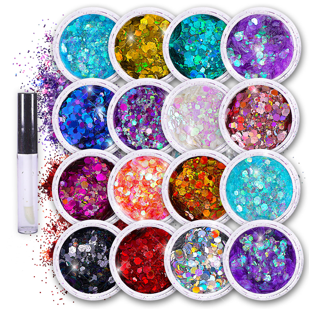 16 pack + 1 glitter glue Chunky Cosmetic Holographic Glitter | Body, Face & Hair Safe