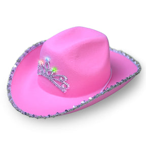 Pink Cowgirl Hat - Light Up Pink Cowboy Hat with Crown - Cute Sequined Preppy Cowgirl Hat perfect for Halloween Costumes Parties - Flashing Lights with Cowgirl Hat Pink Princess Tiara
