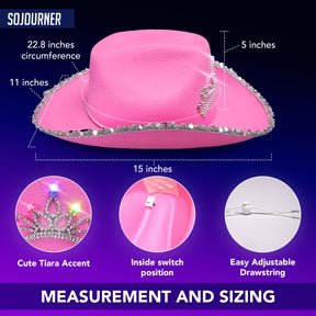 Pink Cowgirl Hat - Light Up Pink Cowboy Hat with Crown - Cute Sequined Preppy Cowgirl Hat perfect for Halloween Costumes Parties - Flashing Lights with Cowgirl Hat Pink Princess Tiara