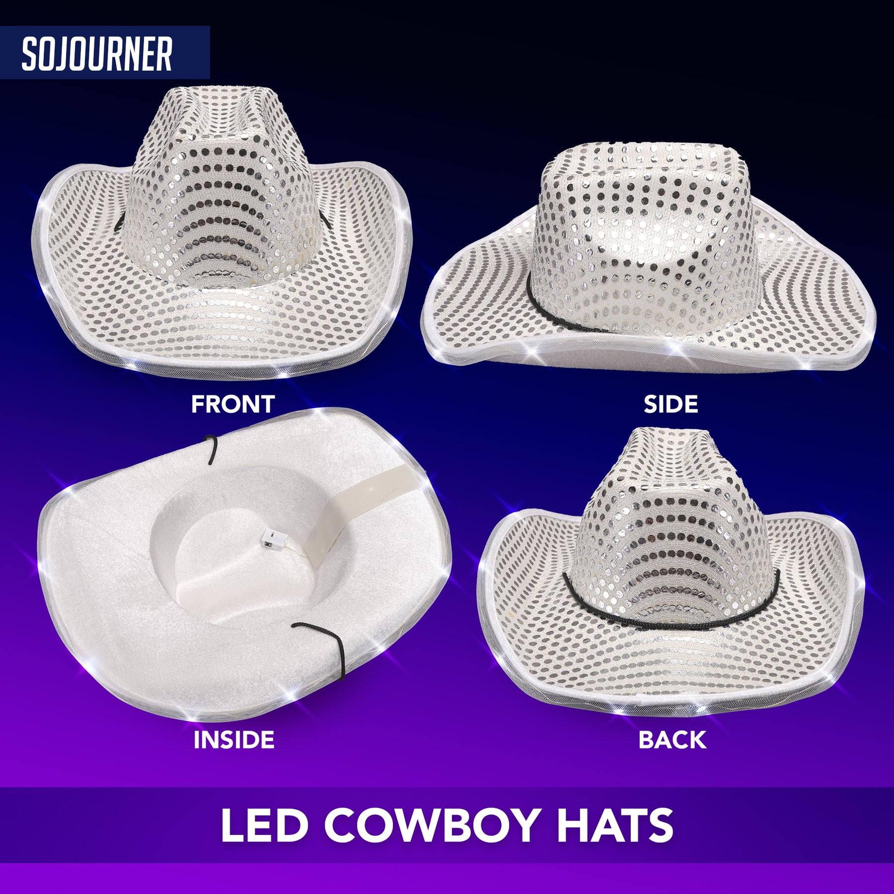 Silver LED Sequin Light Up Cowgirl Hat - LED Cowboy Hat for Bachelorette Parties, Halloween and More - Neon Cowboy Hat Light Up for all Occasions
