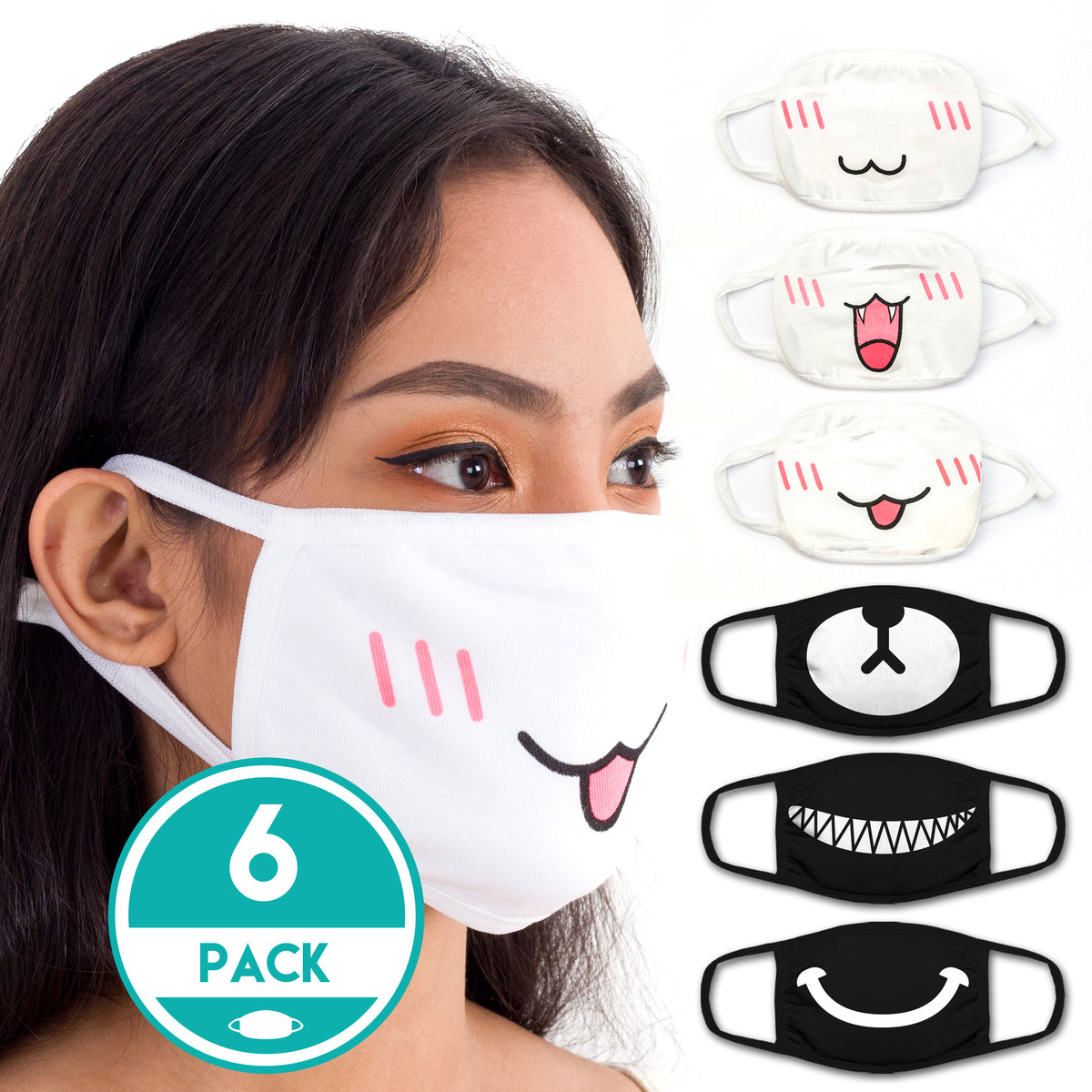 Face Mouth Mask - Cotton Face Covering Neck Mask for Men and Women - 6 Pack mixed Black & White Anime