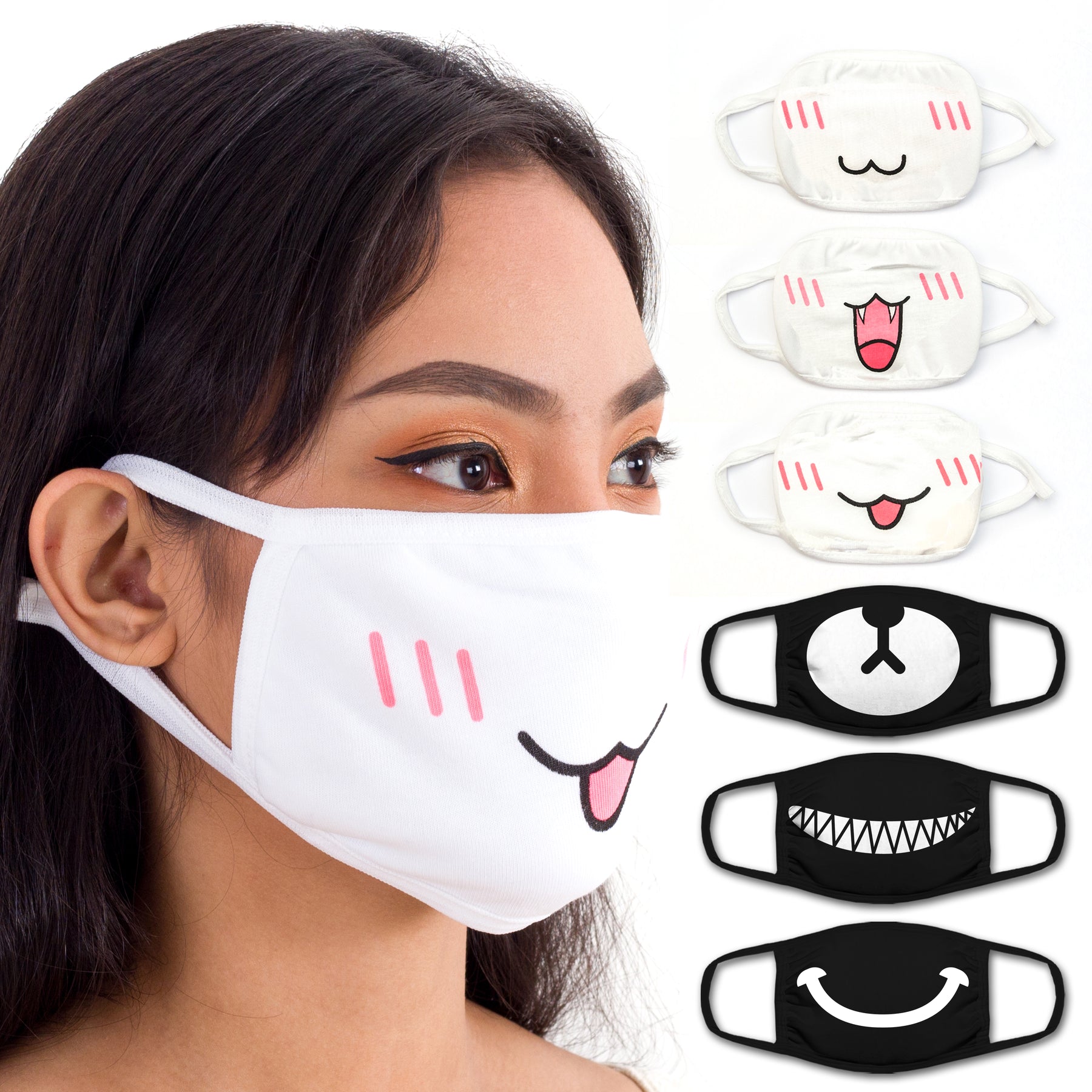Face Mouth Mask - Cotton Face Covering Neck Mask for Men and Women - 6 Pack mixed Black & White Anime