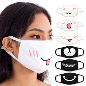 Face Mouth Mask - Cotton Face Covering Neck Mask for Men and Women - 6 Pack mixed Black & White Anime