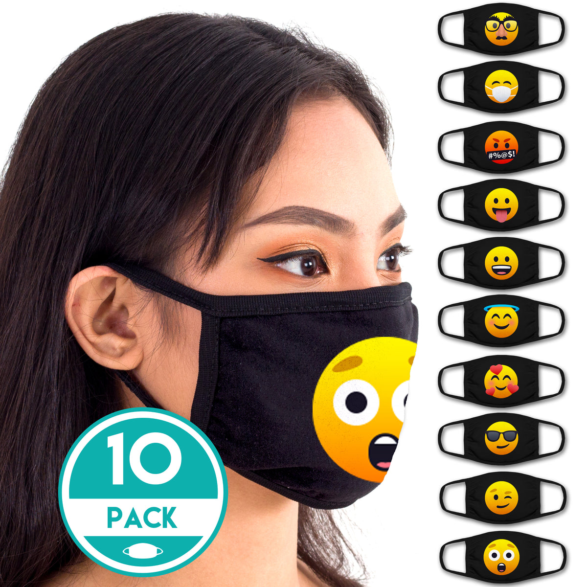 Face Mouth Mask - Cotton Face Covering (10 Pack - Emoticon)