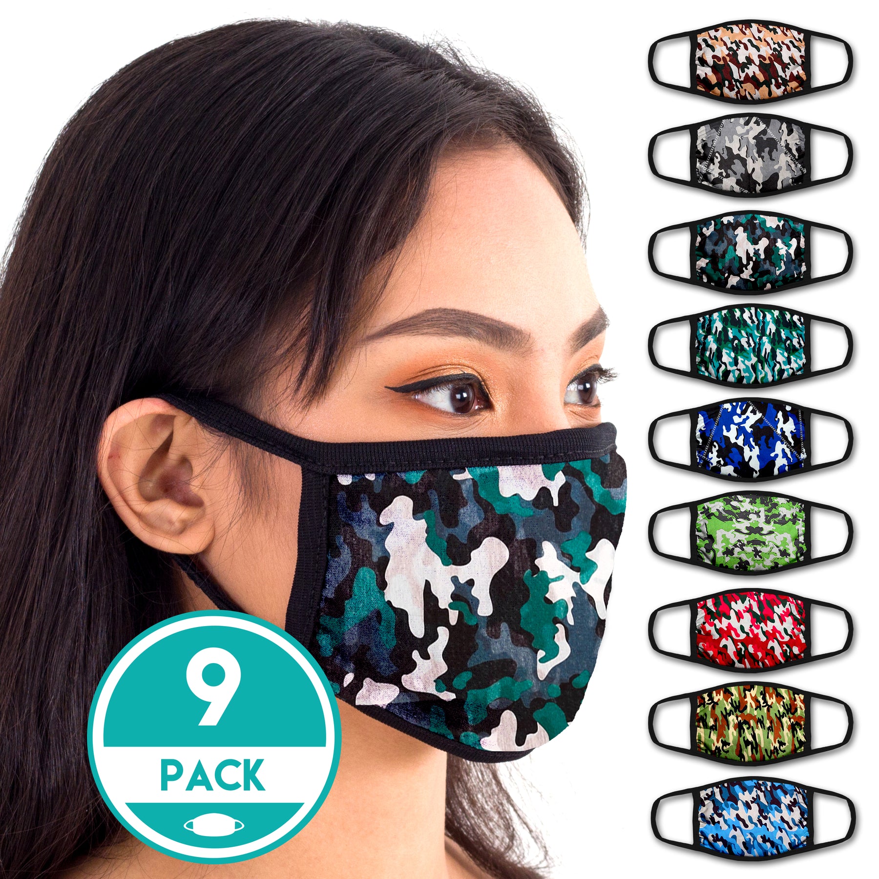 Face Mouth Mask - Cotton Face Covering (9 Pack Camo)