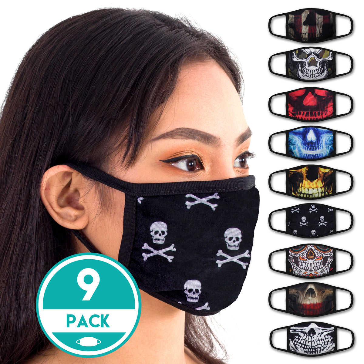 Face Mouth Mask - Cotton Face Covering (9 Pack - Skull)