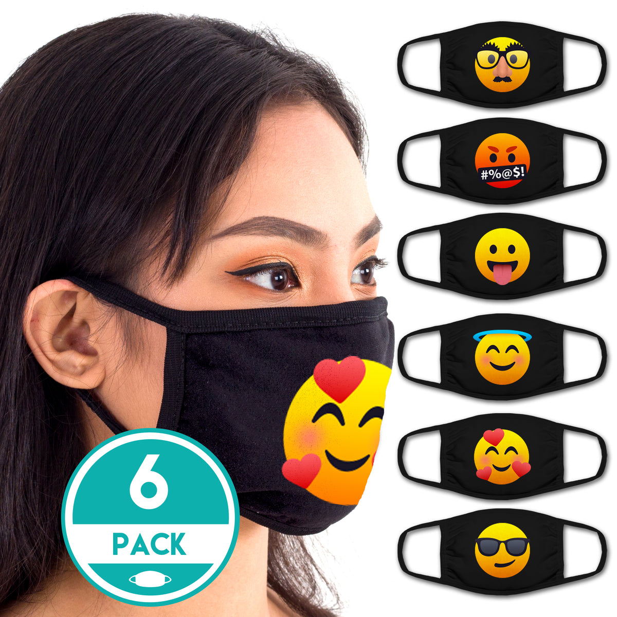 Face Mouth Mask - Cotton Face Covering Neck Mask for Men and Women - 6 Pack Emoticon