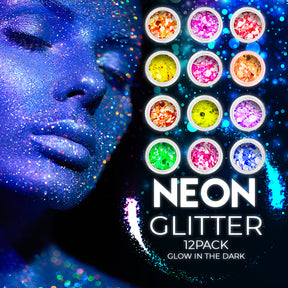12 pack  Neon Glitter + 1 glitter glue Chunky Cosmetic Holographic Glitter | Body, Face & Hair Safe
