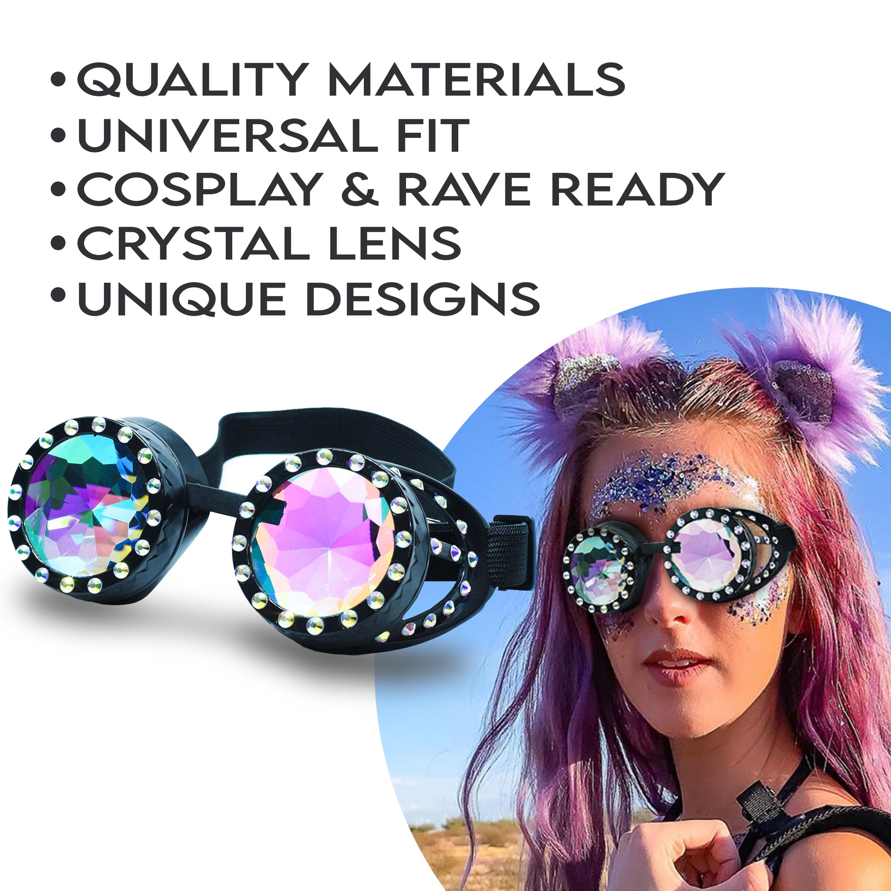 Black Steampunk Goggles Kaleidoscope Glasses - Trippy Psychedelic Rave Goggles - Funky Prism Glasses For Raves - Festival Accessories