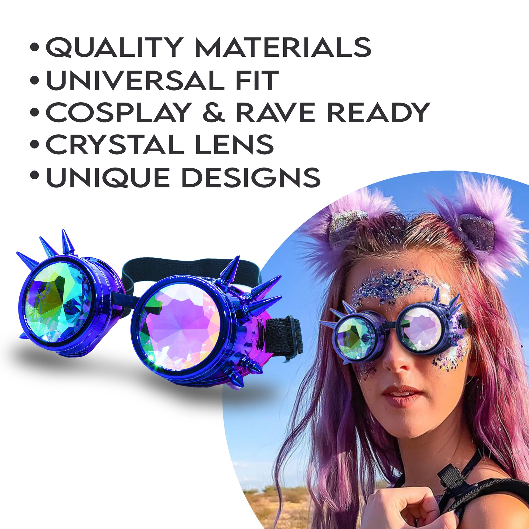 Blue Purple Steampunk Goggles Kaleidoscope Glasses - Trippy Psychedelic Rave Goggles - Funky Prism Glasses For Raves - Festival Accessories