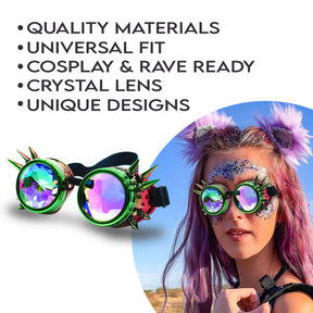 Green Red Steampunk Goggles Kaleidoscope Glasses - Trippy Psychedelic Rave Goggles - Funky Prism Glasses For Raves - Festival Accessories
