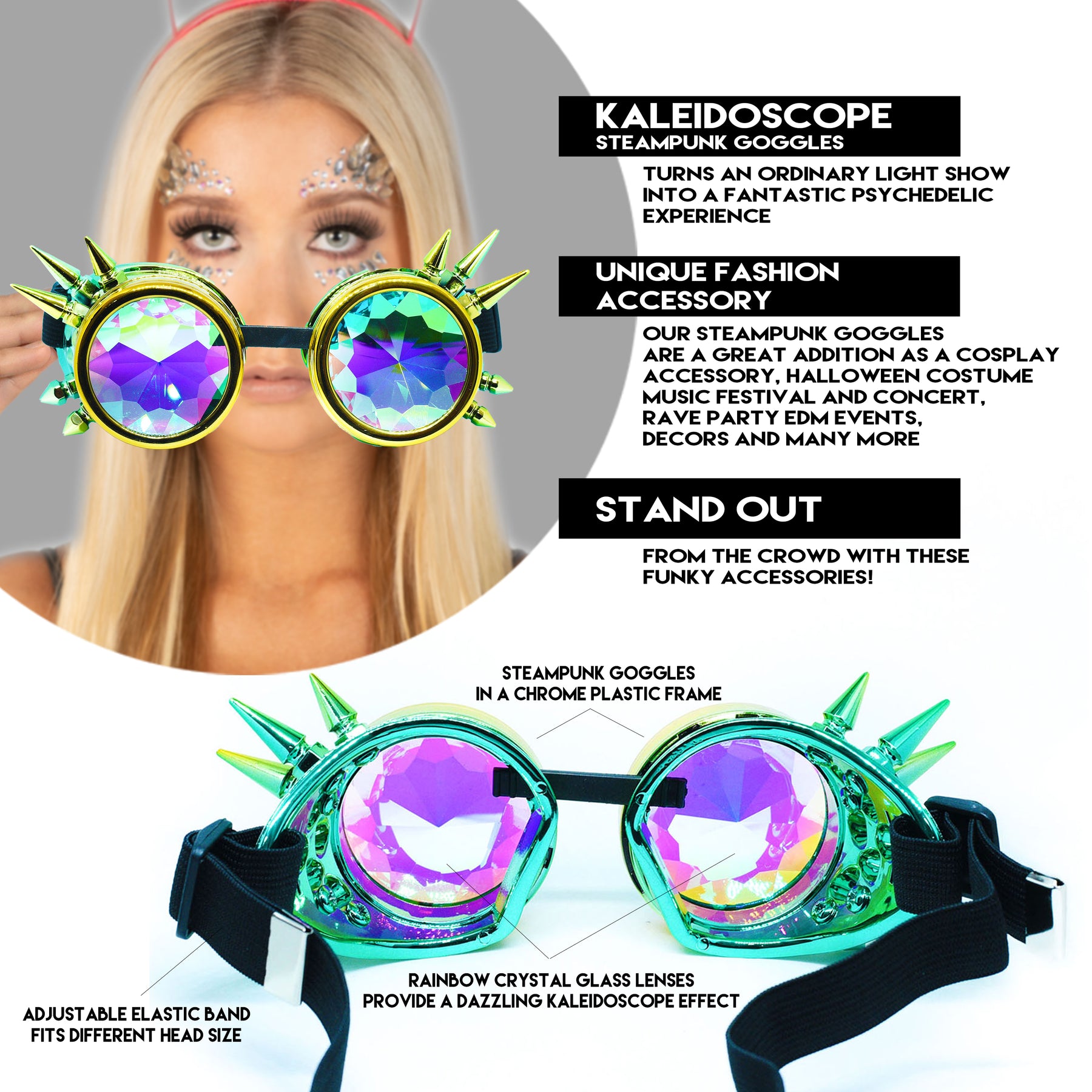 Yellow Green Steampunk Goggles Kaleidoscope Glasses - Trippy Psychedel