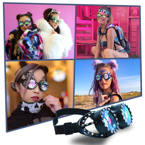 Black Steampunk Goggles Kaleidoscope Glasses - Trippy Psychedelic Rave Goggles - Funky Prism Glasses For Raves - Festival Accessories