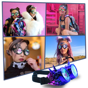 Blue Purple Steampunk Goggles Kaleidoscope Glasses - Trippy Psychedelic Rave Goggles - Funky Prism Glasses For Raves - Festival Accessories