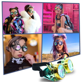 Yellow Green Steampunk Goggles Kaleidoscope Glasses - Trippy Psychedelic Rave Goggles - Funky Prism Glasses For Raves - Festival Accessories