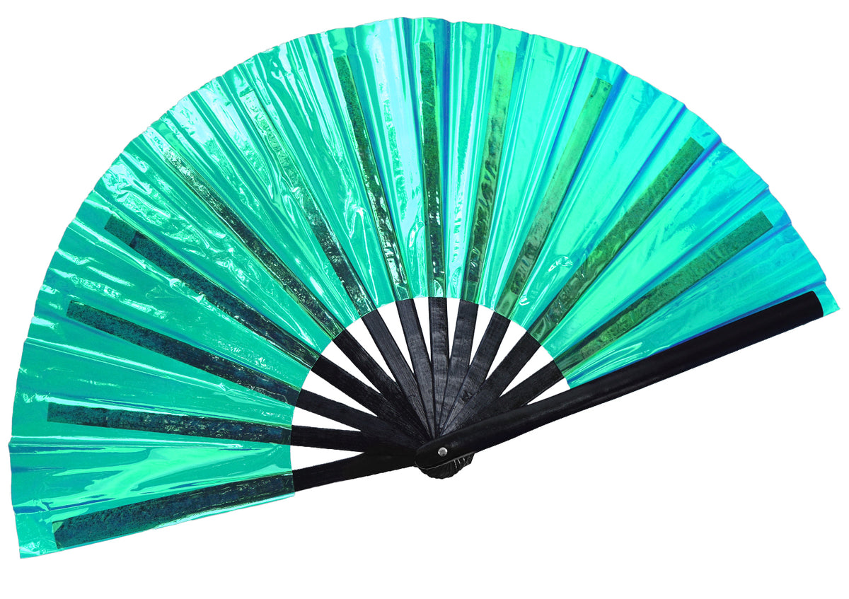 Holographic Rave Fan - Pride Fan and Festival Fan - Large Folding Fan for Festivals (Holographic Teal)