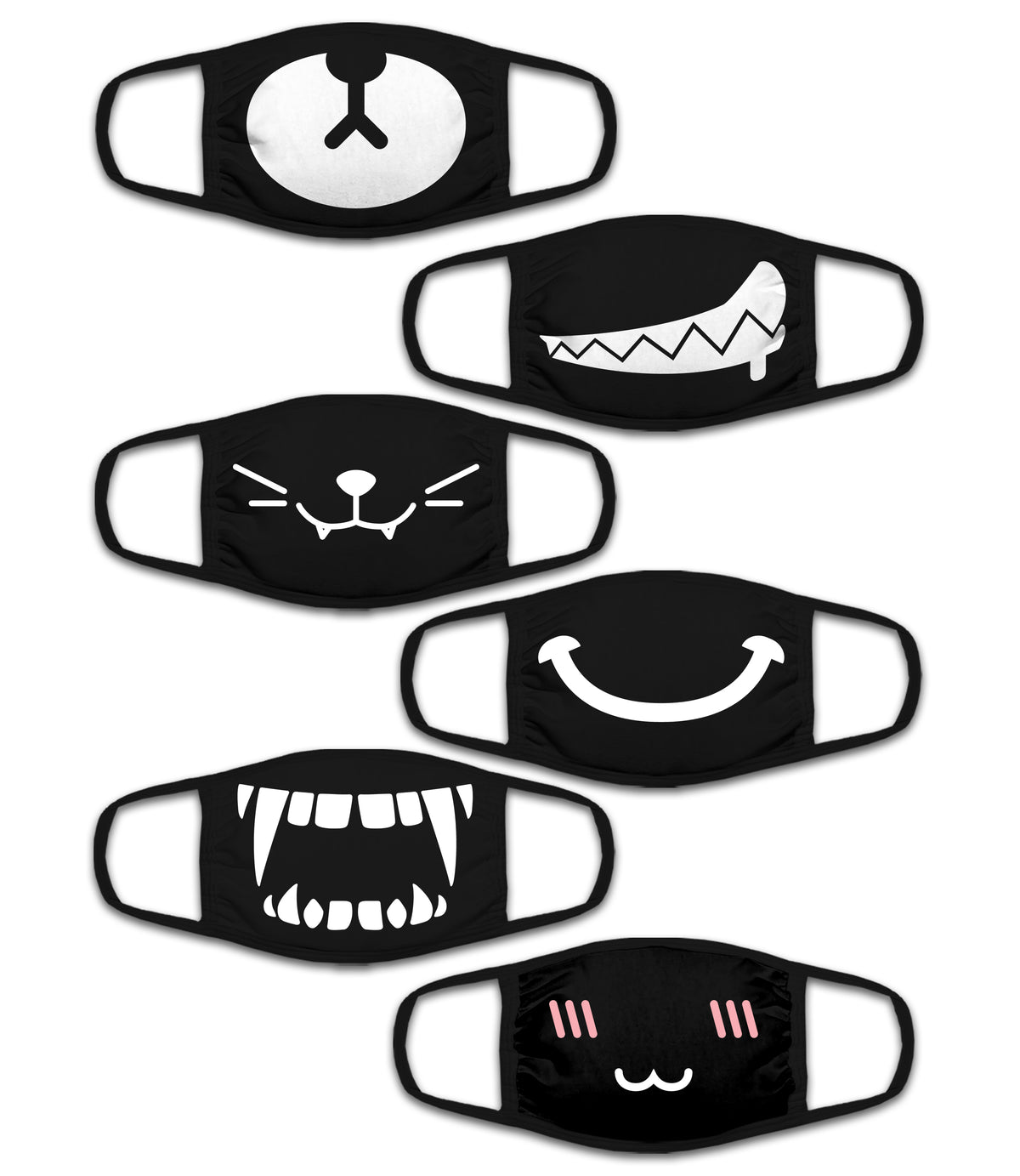 Face Mouth Mask - Cotton Face Covering Neck Mask for Men and Women - 6 Pack Black Anime
