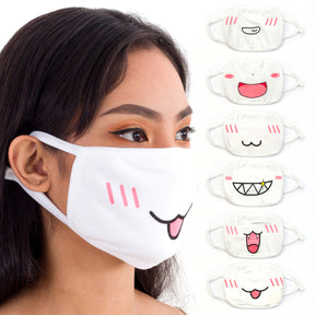 Face Masks (6 Pack - White Anime Designs) White Cotton Mask - Adult Cute Anime Design - Face Mask Reusable, Washable, Breathable, Adjustable