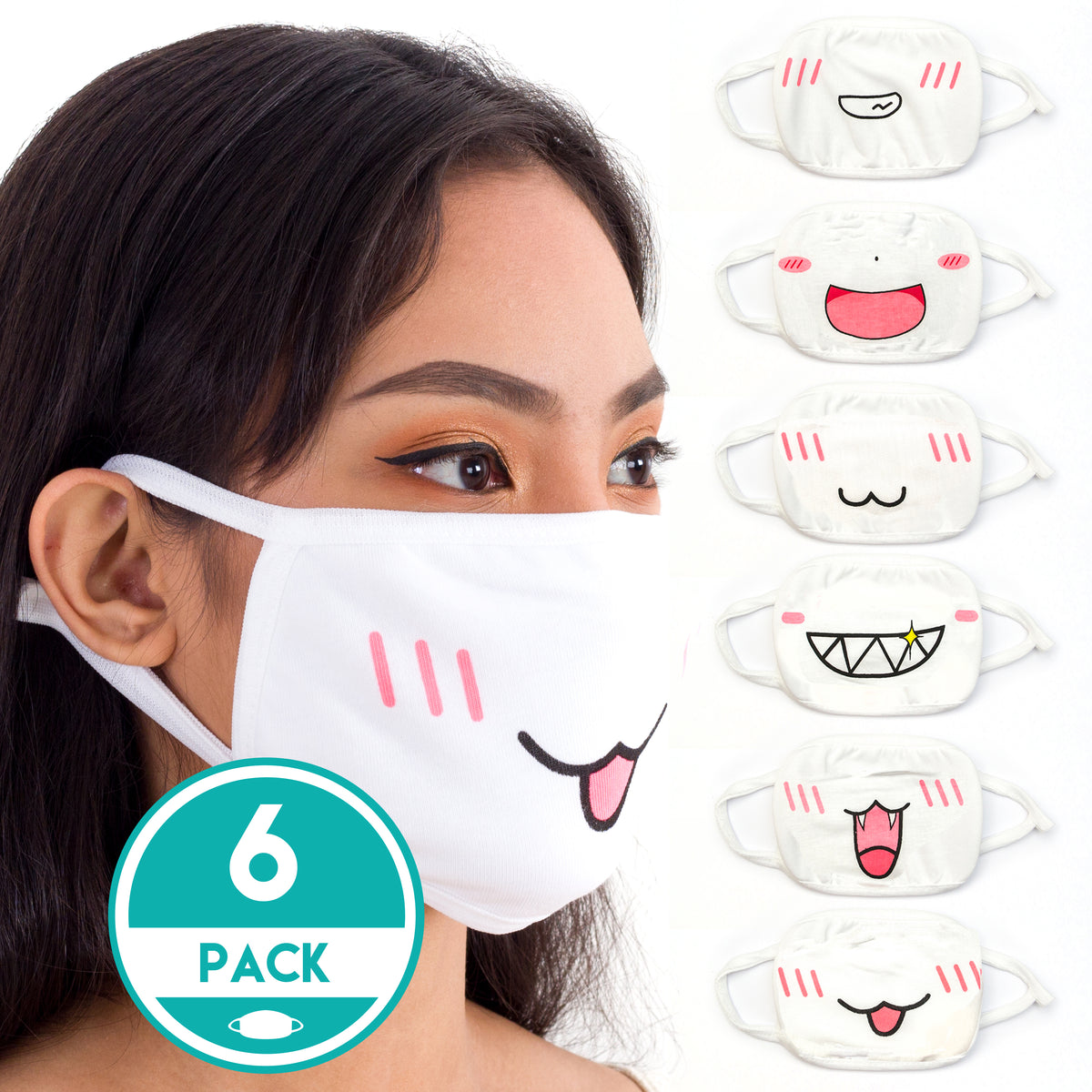 Face Masks (6 Pack - White Anime Designs) White Cotton Mask - Adult Cute Anime Design - Face Mask Reusable, Washable, Breathable, Adjustable