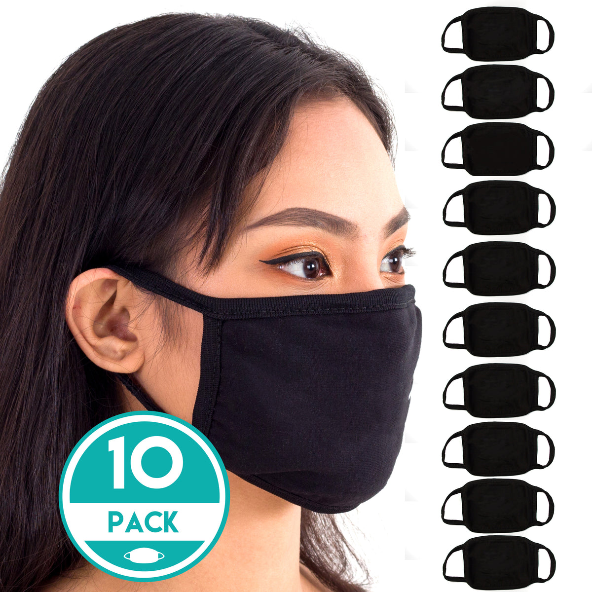 Black Face Mouth Mask - Cotton Face Covering (10 Pack) - Face Mask Resuable, Washable, Breathable, Adjustable