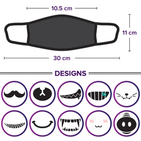Face Masks (10 Pack) Black Cotton Mask - Adult Cute Anime Design - Cool Anti Dust Face Covering