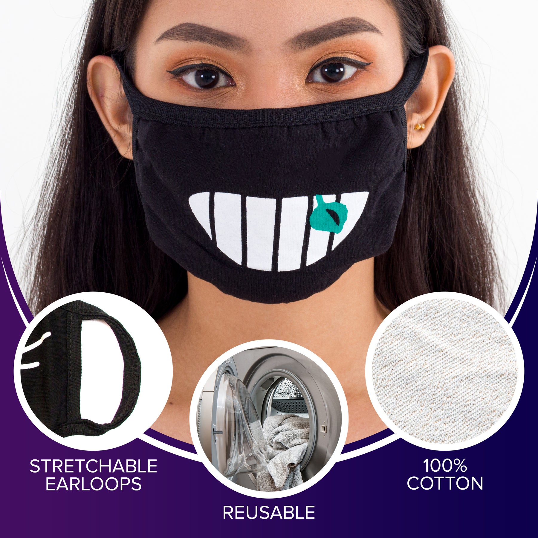 Face Masks (10 Pack) Black Cotton Mask - Adult Cute Anime Design - Cool Anti Dust Face Covering