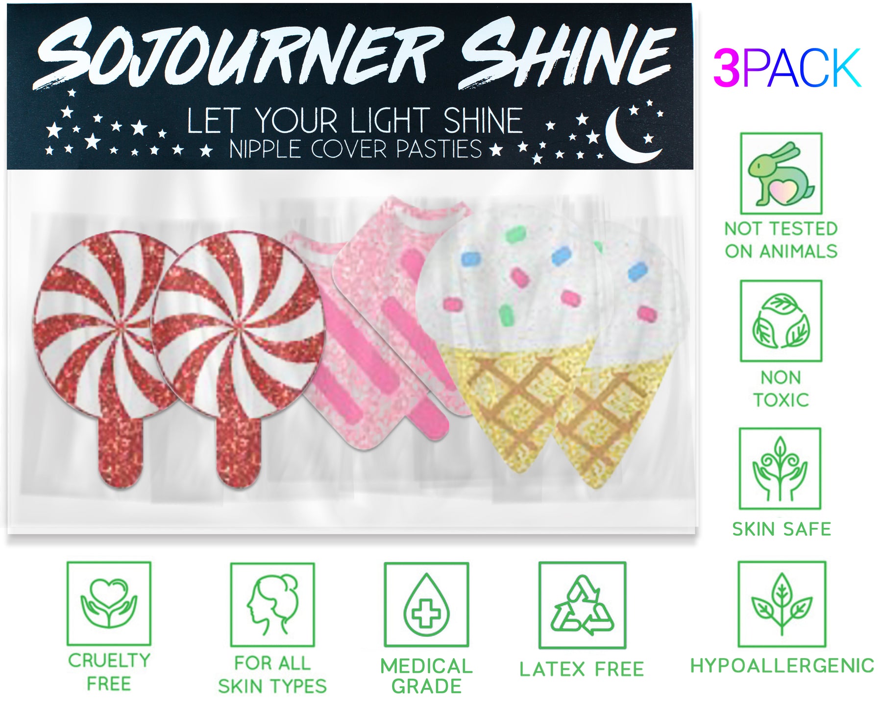 SoJourner Nipplecovers Rave Pasties - Nipple Covers Breast Petals for Women | Disposable Self Adhesive Cover [3 Pcs - Ice cream + Lollipop]