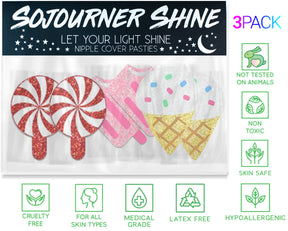 SoJourner Nipplecovers Rave Pasties - Nipple Covers Breast Petals for Women | Disposable Self Adhesive Cover [3 Pcs - Ice cream + Lollipop]